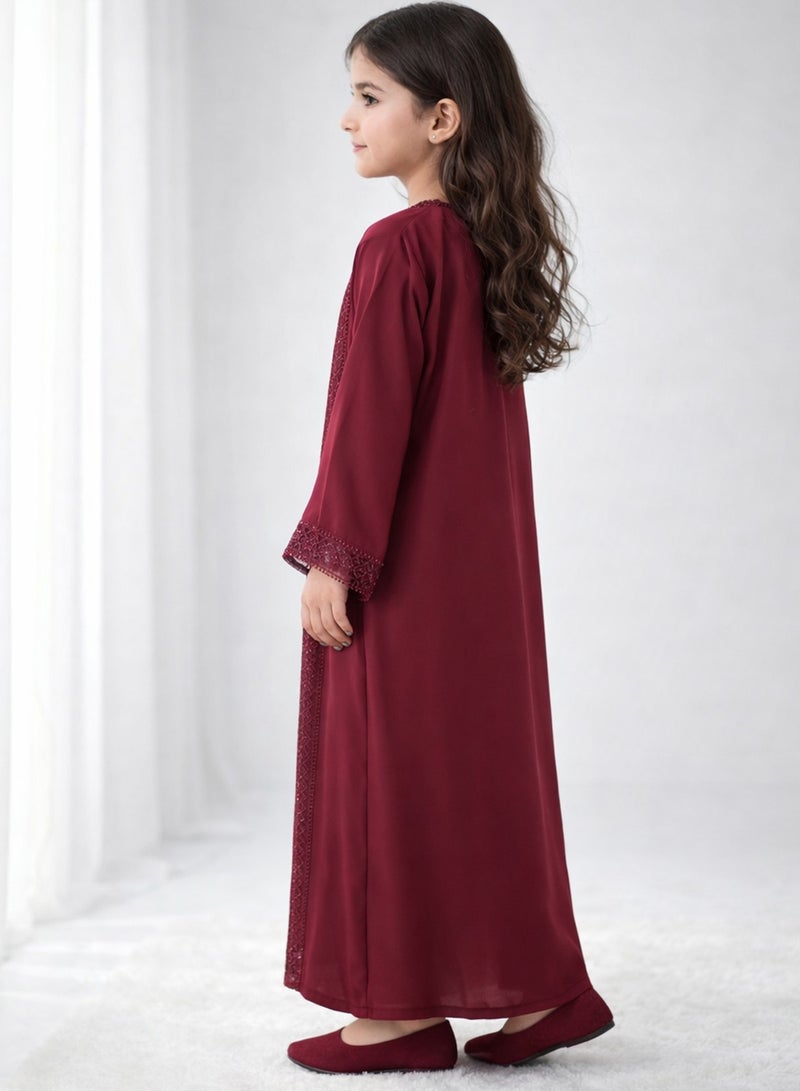 MSquare Fashion Burgundy Kids Abaya Set-Nida Fabric with Inner Dress & Headscarf - Image 2